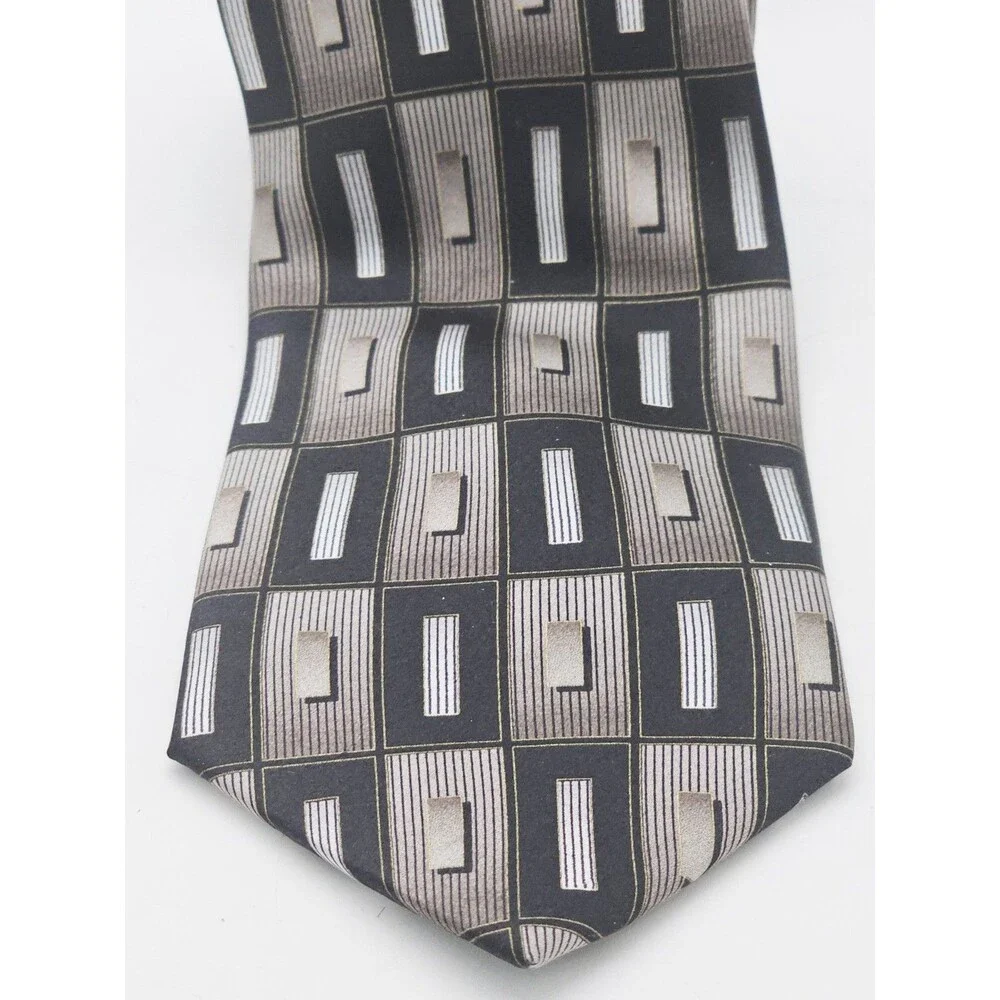 Hermoso New York Silk Necktie Art Deco Silver Black Rectangles Geometric Foulard
